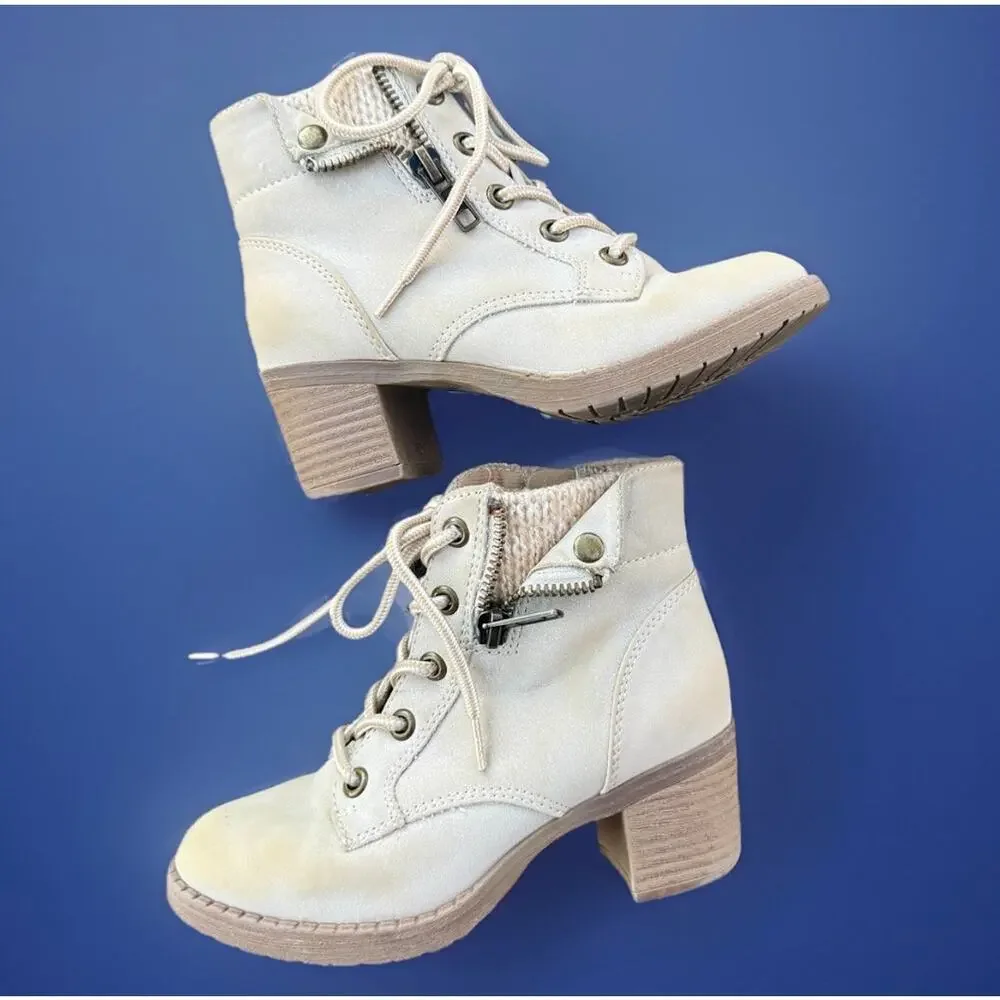 Pop Girls Beige Lace Up Ankle Booties Side Zip Block Heel Girls Size 12M